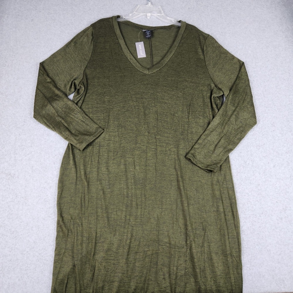 Wet Seal Dress Womens 3X Olive Green Knit Stretch V-Neck Long Sleeve Curved Hem